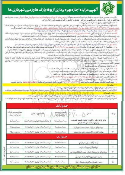 مزایده اجازه بهره برداری از بوفه پارکها و زمین شهربازی ها