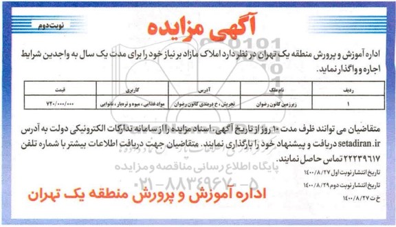 مزایده اجاره املاک مازاد برنیاز