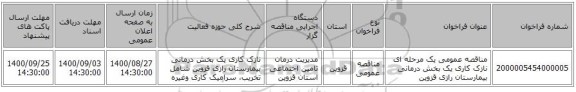 مناقصه عمومی یک مرحله ای  نازک کاری یک بخش درمانی بیمارستان رازی قزوین