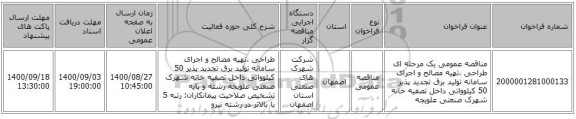 مناقصه عمومی یک مرحله ای طراحی ،تهیه مصالح و اجرای سامانه تولید برق تجدید پذیر 50 کیلوواتی داخل تصفیه خانه شهرک صنعتی علویجه  