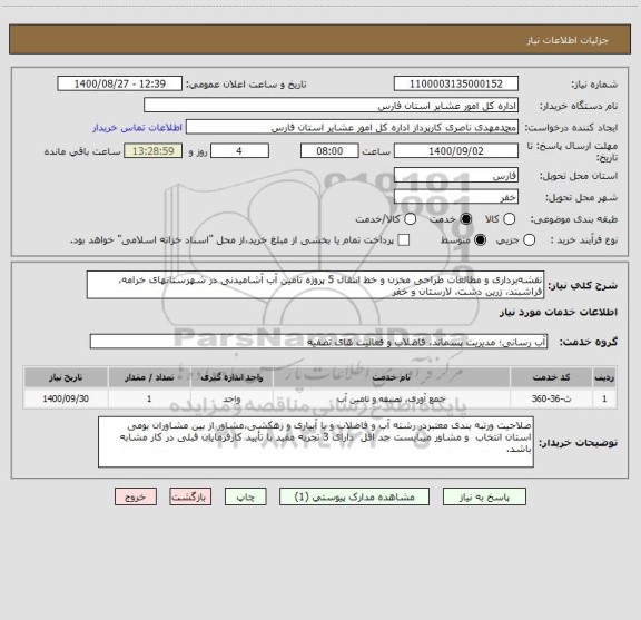 استعلام نقشه برداری و مطالعات طراحی مخزن و خط انتقال 5 پروژه تامین آب آشامیدنی در شهرستانهای خرامه، فراشبند، زرین دشت، لارستان و خفر