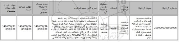 مناقصه عمومی همزمان با ارزیابی (فشرده) یک مرحله ای تجدید مناصه خدمات بهره برداری شهرستان های بوشهر ، گناوه و دیلم