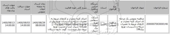 مناقصه عمومی یک مرحله ای اجرای کلیه عملیات و کارهای مربوط به تعمیرات شبکه و تأسیسات توزیع برق196