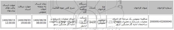 مناقصه عمومی یک مرحله ای اجرای عملیات بازسازی و تعمیرات حوطه و ساختمان اداره گاز مشگین شهر 