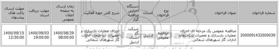 مناقصه عمومی یک مرحله ای اجرای عملیات بازسازی و تعمیرات ساختمان ادارات گاز شهرهای شمالی 