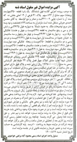 مزایده،مزایده ششدانگ یکباب قطعه 450 سهم مشاع از 893 سهم پلاک