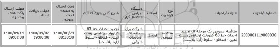 مناقصه عمومی یک مرحله ای تجدید احداث خط 63 کیلوولت ارتباطی پست نمین - فندقلو - سلوط (آرتا پلاست)