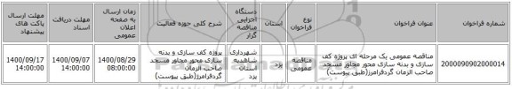 مناقصه عمومی یک مرحله ای پروژه کف سازی و بدنه سازی محور مجاور مسجد صاحب الزمان گردفرامرز(طبق پیوست)