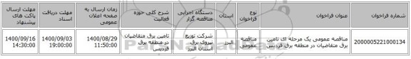 مناقصه عمومی یک مرحله ای تامین برق متقاضیان در منطقه برق فردیس 