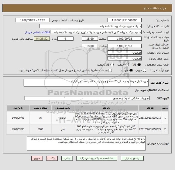 استعلام خرید کابل خودنگهدار سایز 25 سه و چهار رشته ای با مسنجر آلیاژی