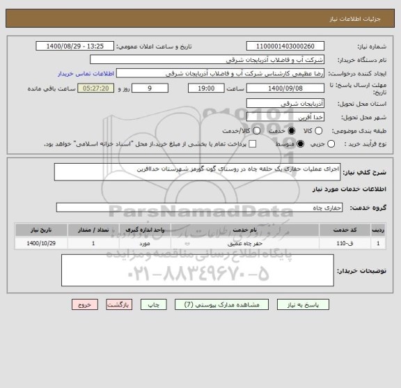 استعلام اجرای عملیات حفاری یک حلقه چاه در روستای گون گورمز شهرستان خداافرین