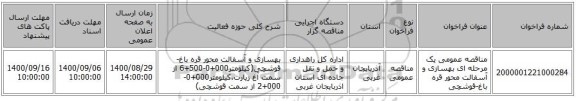 مناقصه عمومی یک مرحله ای بهسازی و آسفالت محور قره باغ-قوشچی