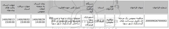 مناقصه عمومی یک مرحله ای تکمیل زیرساخت های گردشگری شهر سوزا