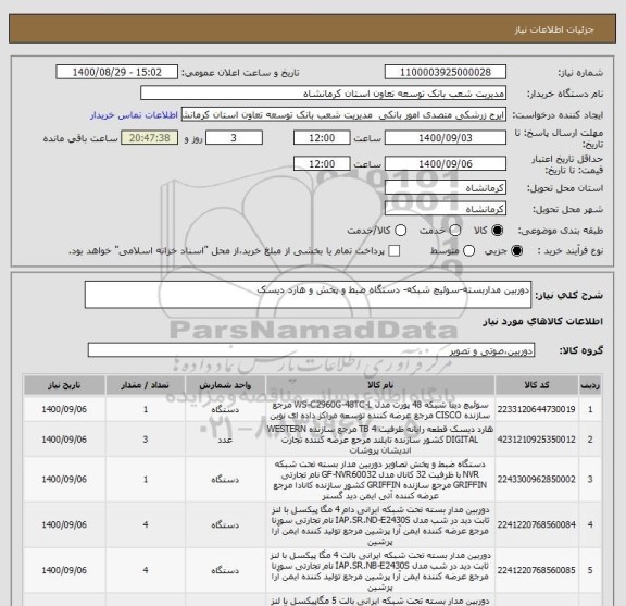 استعلام دوربین مداربسته-سوئیچ شبکه- دستگاه ضبط و پخش و هارد دیسک