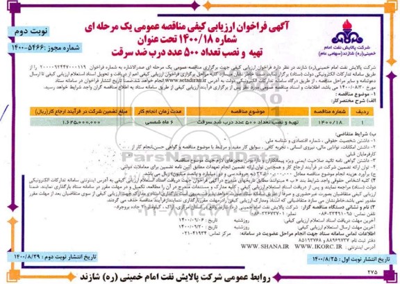 فراخوان ارزیابی تهیه و نصب تعداد 500 عدد درب ضد سرقت - نوبت دوم