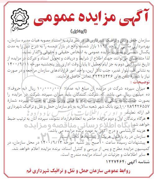 مزایده بهره برداری مکانی از واحد 1198 بازاراره پارکینگ 