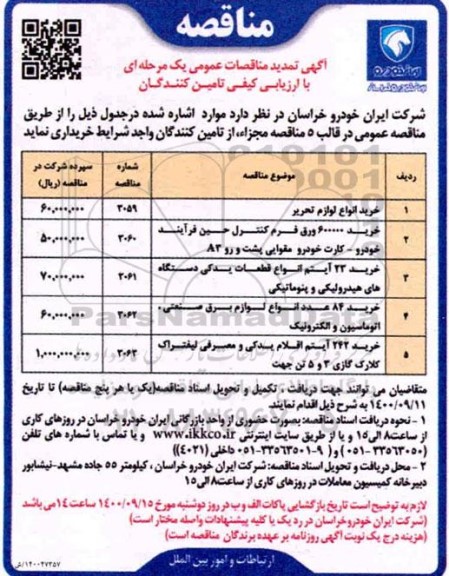 تمدید مناقصه خرید انواع لوازم تحریر ...