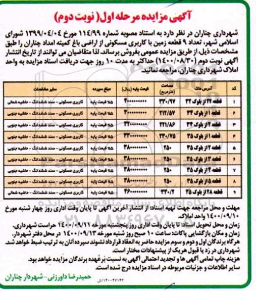 مزایده،مزایده فروش 9 قطعه زمین با کاربری مسکونی مرحله اول نوبت دوم