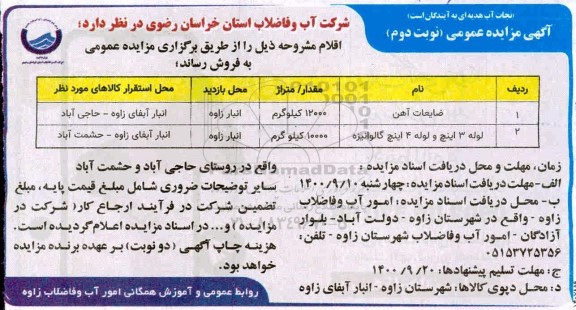 مزایده فروش اقلام- نوبت دوم 