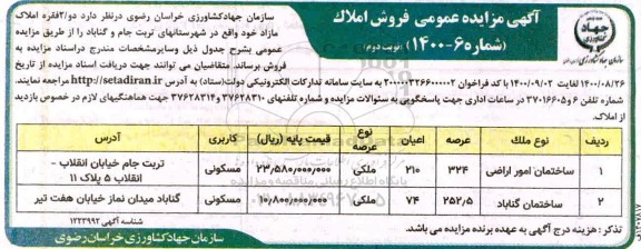 مزایده،مزایده فروش دو فقره املاک کاربری مسکونی نوبت دوم