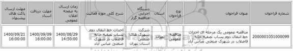 مناقصه عمومی یک مرحله ای احداث خط انتقال دوم پساب تصفیه خانه فاضلاب در شهرک صنعتی عباس آباد