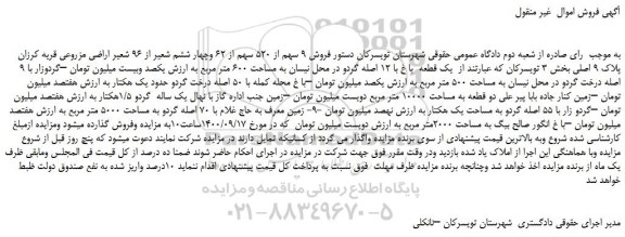 مزایده،مزایده فروش 9 سهم از 520 سهم از 62 وچهار ششم شعیر از 96 شعیر اراضی مزروعی قریه کرزان پلاک 9 اصلی