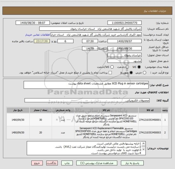 استعلام XCD Plug in sensor cartridges مطابق مشخصات data sheet پیوست