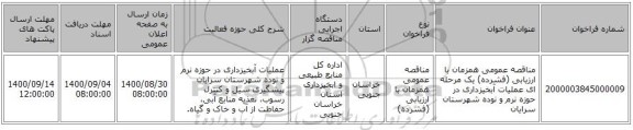 مناقصه عمومی همزمان با ارزیابی (فشرده) یک مرحله ای عملیات آبخیزداری در حوزه نرم و نوده شهرستان سرایان