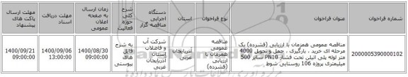 مناقصه عمومی همزمان با ارزیابی (فشرده) یک مرحله ای خرید ، بارگیری ، حمل و تحویل 4000 متر لوله  پلی اتیلن تحت فشار PN10 سایز 500 میلیمتری پروژه 106 روستایی شوط