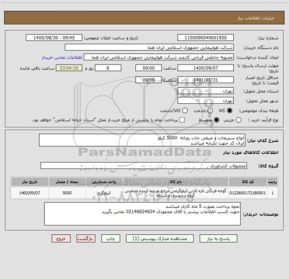 استعلام انواع سبزیجات و صیفی جات روزانه  5000 کیلو 
ایران کد جهت تشابه میباشد 