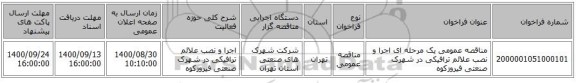 مناقصه عمومی یک مرحله ای اجرا و نصب علائم ترافیکی در شهرک صنعتی فیروزکوه
