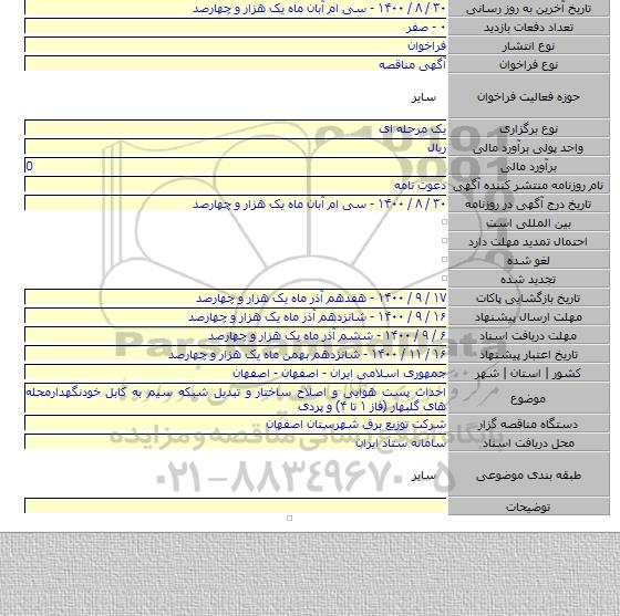 احداث پست هوایی و اصلاح ساختار و تبدیل شبکه سیم به کابل خودنگهدارمحله های گلبهار (فاز ۱ تا ۴) و پردی