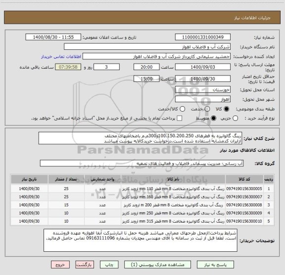 استعلام رینگ گالوانیزه به قطرهای 100،150،200،250و300م.م باضخامتهای مختلف
ازایران کدمشابه استفاده شده است.درخواست خریدکالابه پیوست میباشد