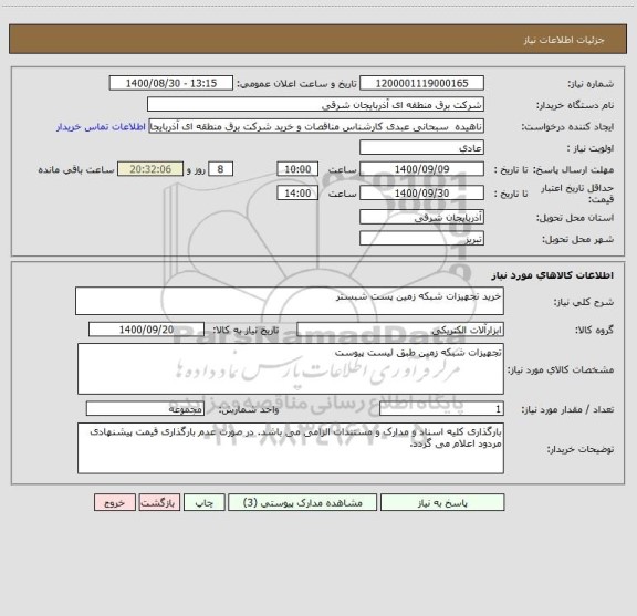 استعلام خرید تجهیزات شبکه زمین پست شبستر