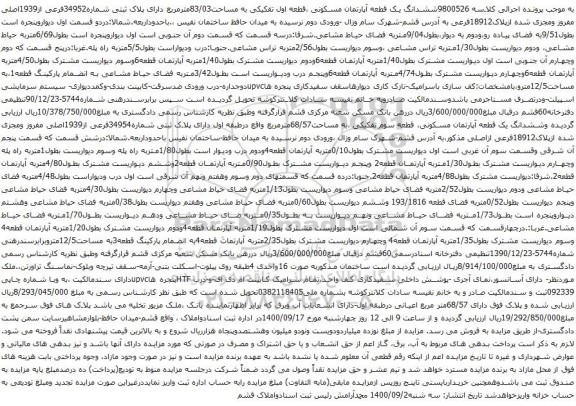 آگهی مزایده ششدانگ یک قطعه آپارتمان مسکونی ،قطعه اول تفکیکی به مساحت83/03مترمربع