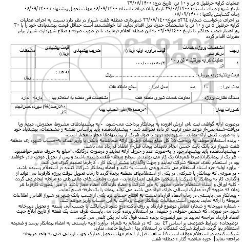 مناقصه عملیات کرایه جرثقیل 5 تن و 10 تن	