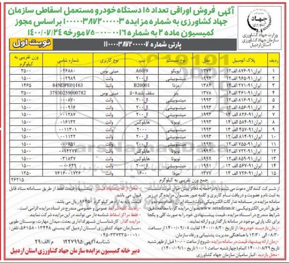 مزایده، مزایده فروش اوراقی تعداد 15 دستگاه خودرو مستعمل اسقاطی