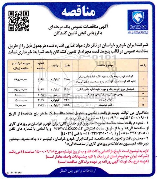مناقصه، مناقصه خرید گوشت قرمز درجه یک... 
