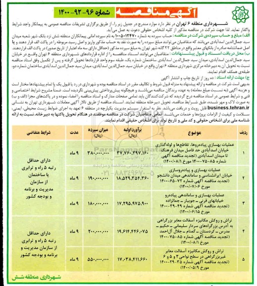مناقصه، مناقصه عملیات بهسازی پیاده روها تقاطع ها و لوله گذاری و...