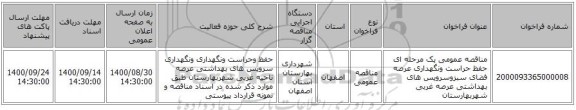 مناقصه عمومی یک مرحله ای حفظ حراست ونگهداری عرصه فضای سبزوسرویس های بهداشتی عرصه غربی  شهربهارستان 