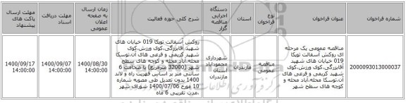 مناقصه عمومی یک مرحله ای روکش آسفالت توپکا 019 خیابان های شهید آقابزرگی،کوی ورزش،کوی شهید کریمی و فرعی های آن،توسکا محله،آباد محله و کوچه های سطح شهر 