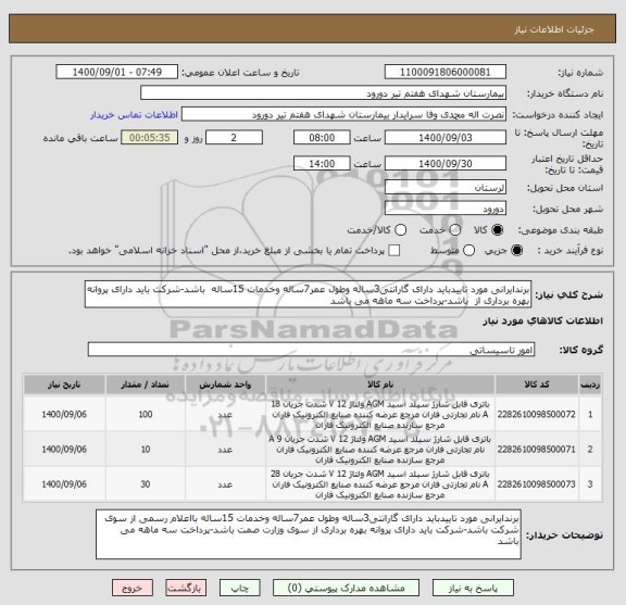 استعلام برندایرانی مورد تاییدباید دارای گارانتی3ساله وطول عمر7ساله وخدمات 15ساله  باشد-شرکت باید دارای پروانه بهره برداری از  باشد-پرداخت سه ماهه می باشد