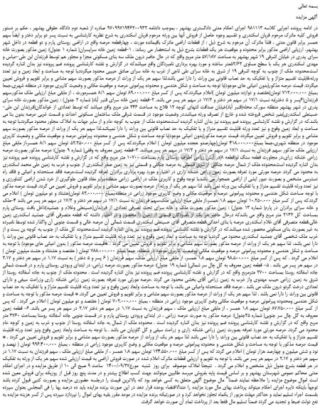 مزایده،مزایده . 1-قطعه زمین خانه سراپسران( شماره 1 جدول): زمین مذکور بصورت خانه سرای پدری