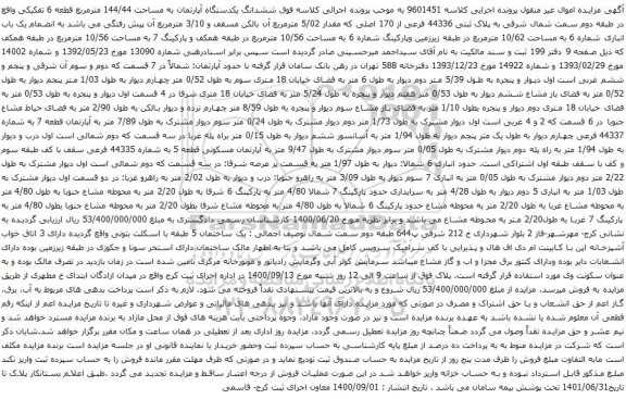 آگهی مزایده ششدانگ یکدستگاه آپارتمان به مساحت 144/44 مترمربع