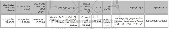 مناقصه عمومی یک مرحله ای توسعه و بهبود شبکه حمل و نقل درون شهری شهر سوزا