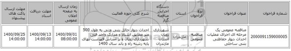 مناقصه عمومی یک مرحله ای اجرای عملیات احداث دیوار حفاظتی بتنی ساحلی