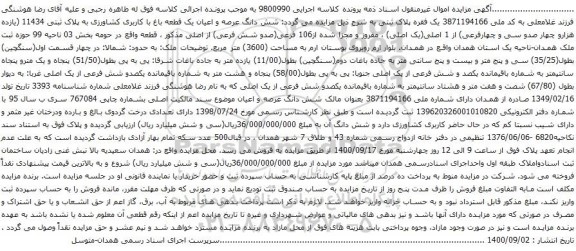 آگهی مزایده  شش دانگ عرصه و اعیان یک قطعه باغ با کاربری کشاورزی به پلاک ثبتی 11434 