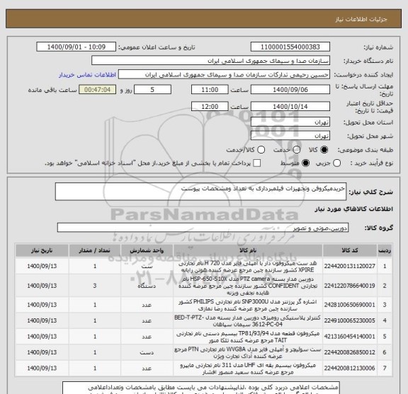 استعلام خریدمیکروفن وتجهیزات فیلمبرداری به تعداد ومشخصات پیوست