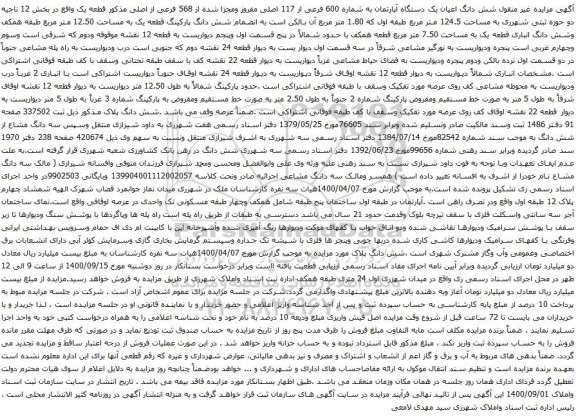 آگهی مزایده شش دانگ اعیان یک دستگاه آپارتمان به شماره 600 فرعی از 117 اصلی