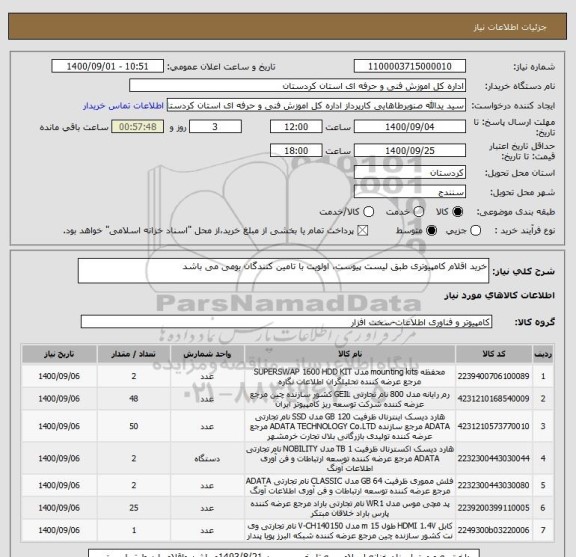 استعلام خرید اقلام کامپیوتری طبق لیست پیوست، اولویت با تامین کنندگان بومی می باشد